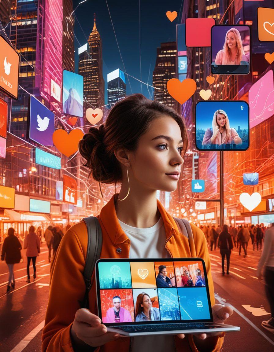 A collage of diverse individuals interacting on various online platforms, showcasing glowing screens that represent social media, video calls, and chat apps. Incorporate warm colors and elements symbolizing connection like hearts or network lines. The background should blend digital motifs with a soft, blurred cityscape to reflect modern life. super-realistic. vibrant colors. white background.