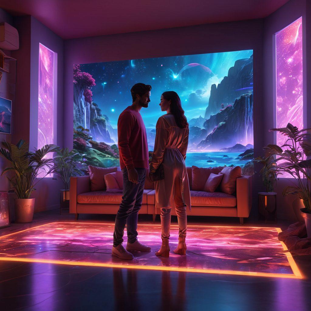 A futuristic scene depicting a couple engaging in virtual intimacy through high-tech devices, with glowing holograms representing their emotions and touch. Surround them with symbols of love, such as hearts and digital connections, blending traditional romance with the modern digital landscape. The setting should be a cozy, intimate virtual room filled with soft lighting and ethereal elements. super-realistic. vibrant colors. 3D.