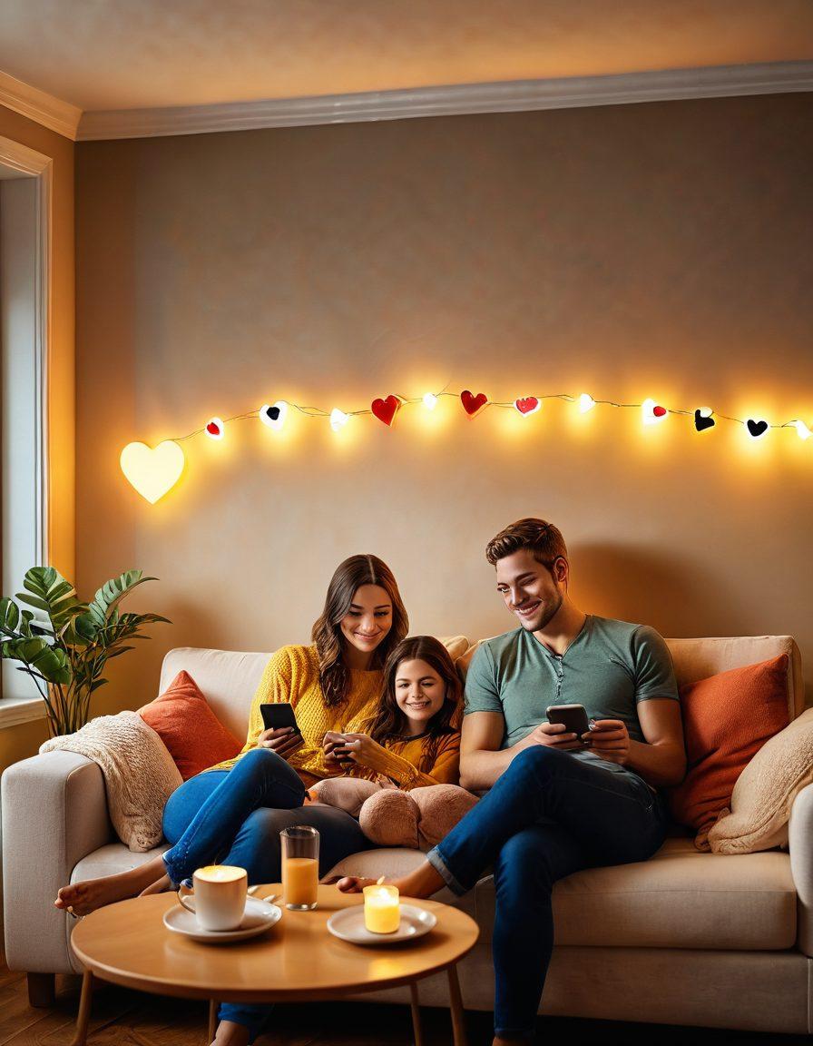 A cozy, intimate setting featuring a couple sitting together on a couch, surrounded by glowing devices, like phones and tablets, showcasing messages and video calls. The atmosphere is warm and inviting, with soft lighting and vivid colors that express connection and modern love. Include visual elements representing digital communication, such as hearts and emojis floating around. super-realistic. warm colors. cozy ambiance.